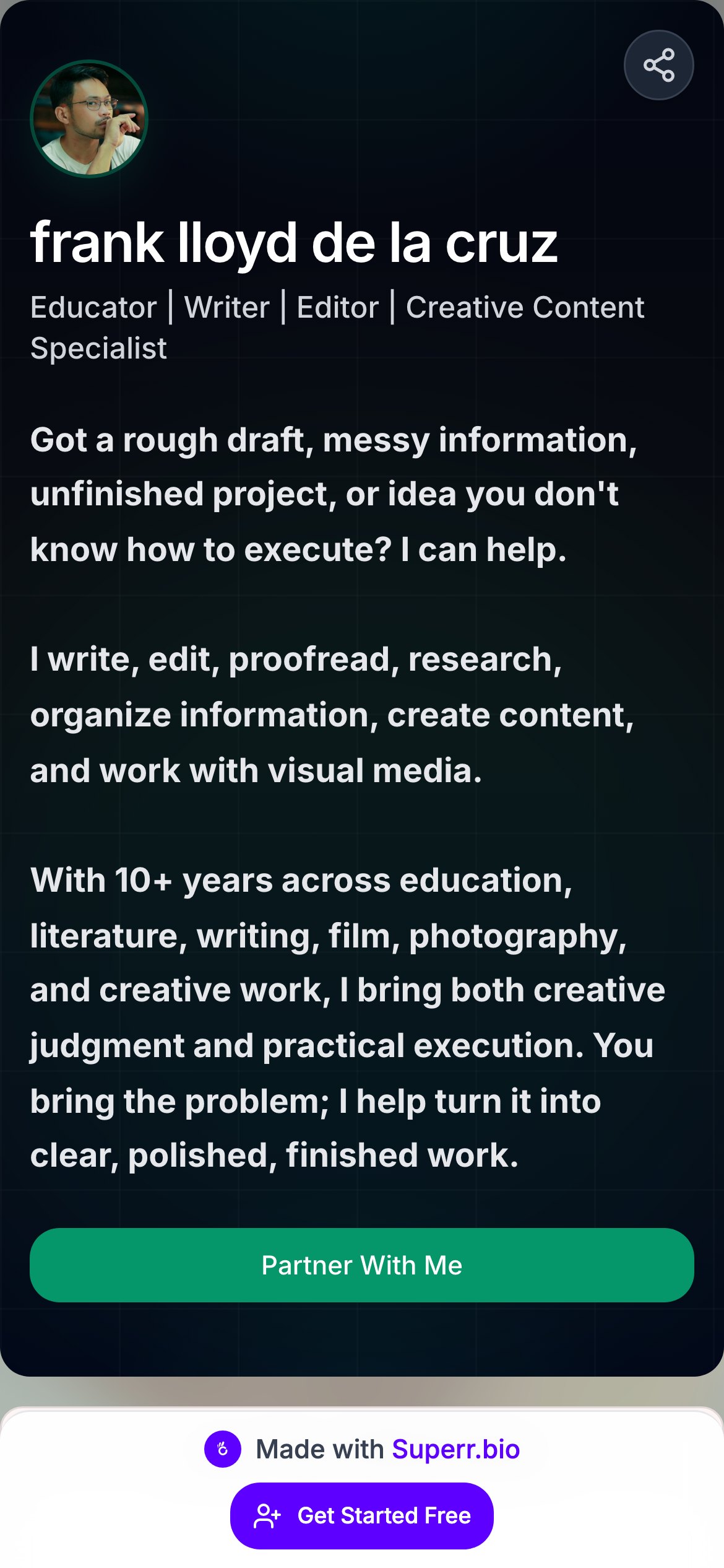 Frank Lloyd de la Cruz bio page — educator and content specialist