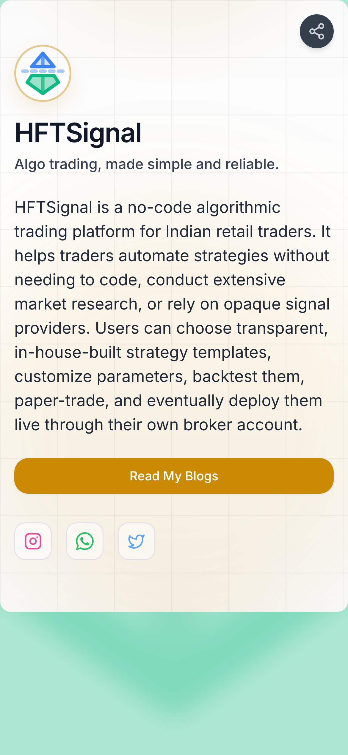 HFTSignal bio page — algo trading platform for retail traders