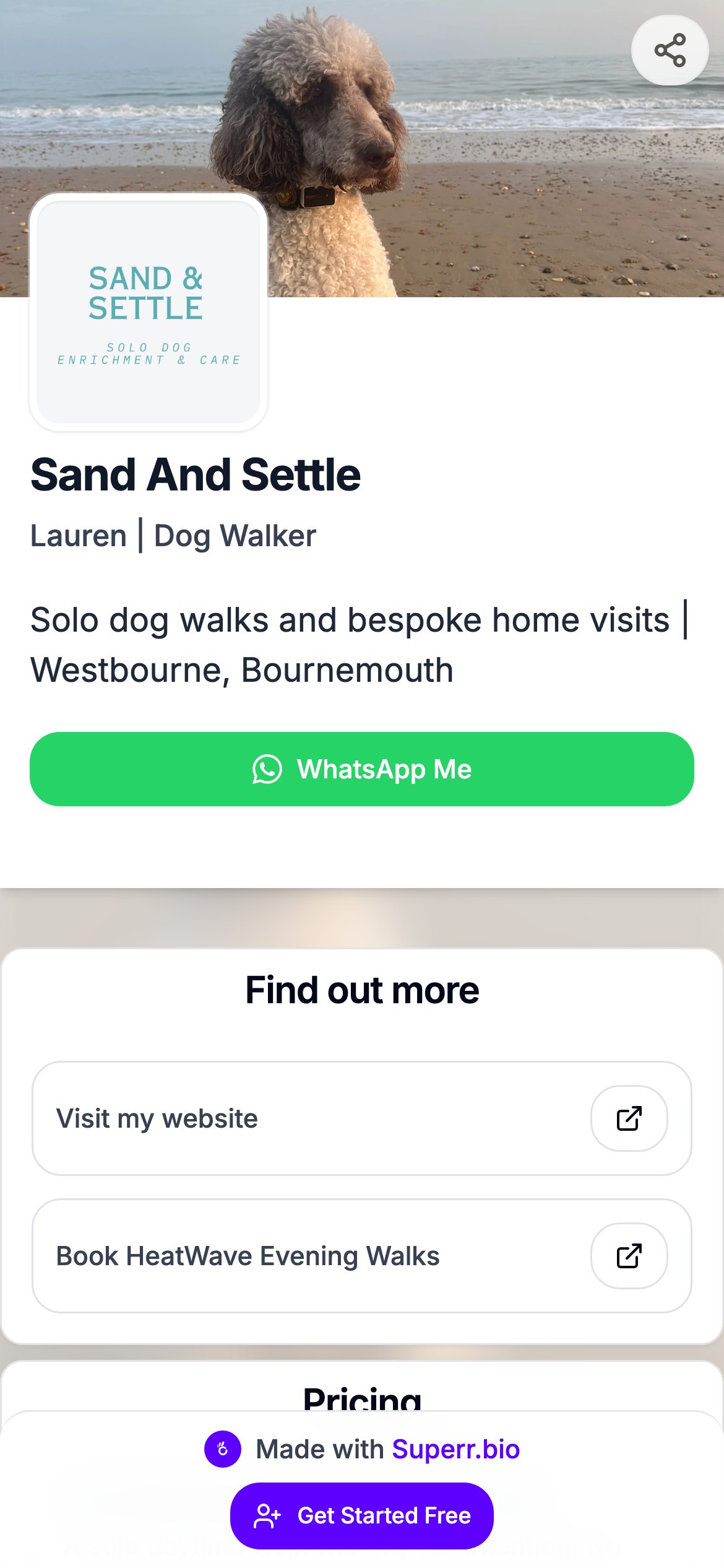 Sand And Settle bio page — dog walking service in Bournemouth